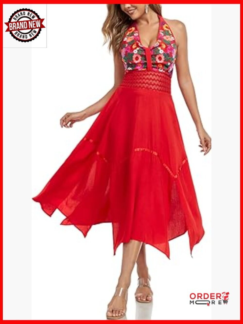 Mexican Flowy Maxi Dress Embroidered Halter Neck Boho Cocktail Dress